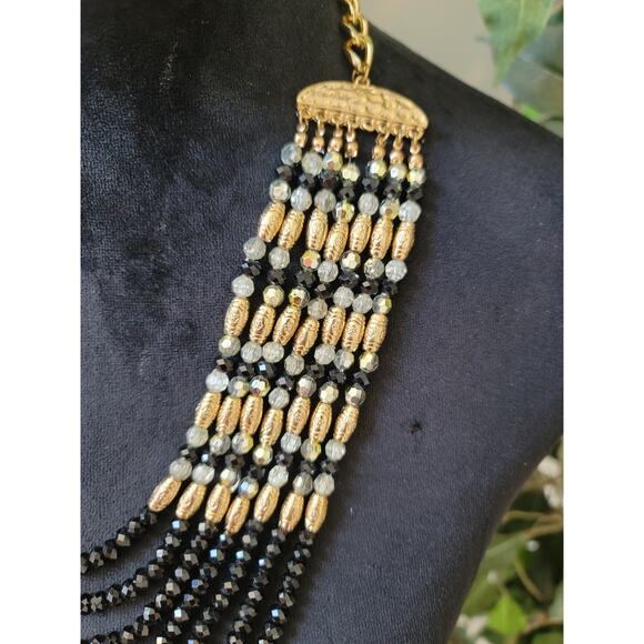 Womens Black And Gold Beaded Multilayer Necklace With Lobster Clasp Lock Jewelry - Picture 4 of 6